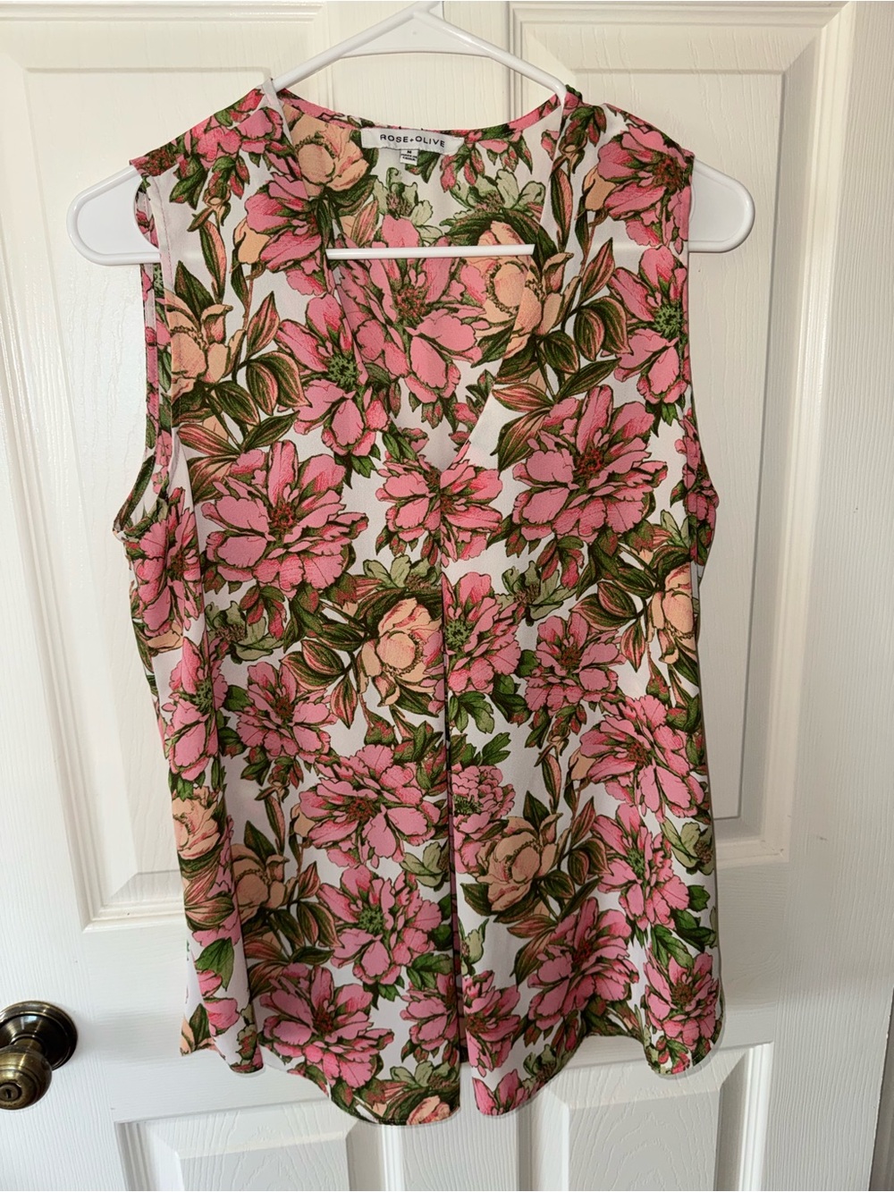 Rose & Olive Floral Pink and Green V-Neck Sleeveless Top